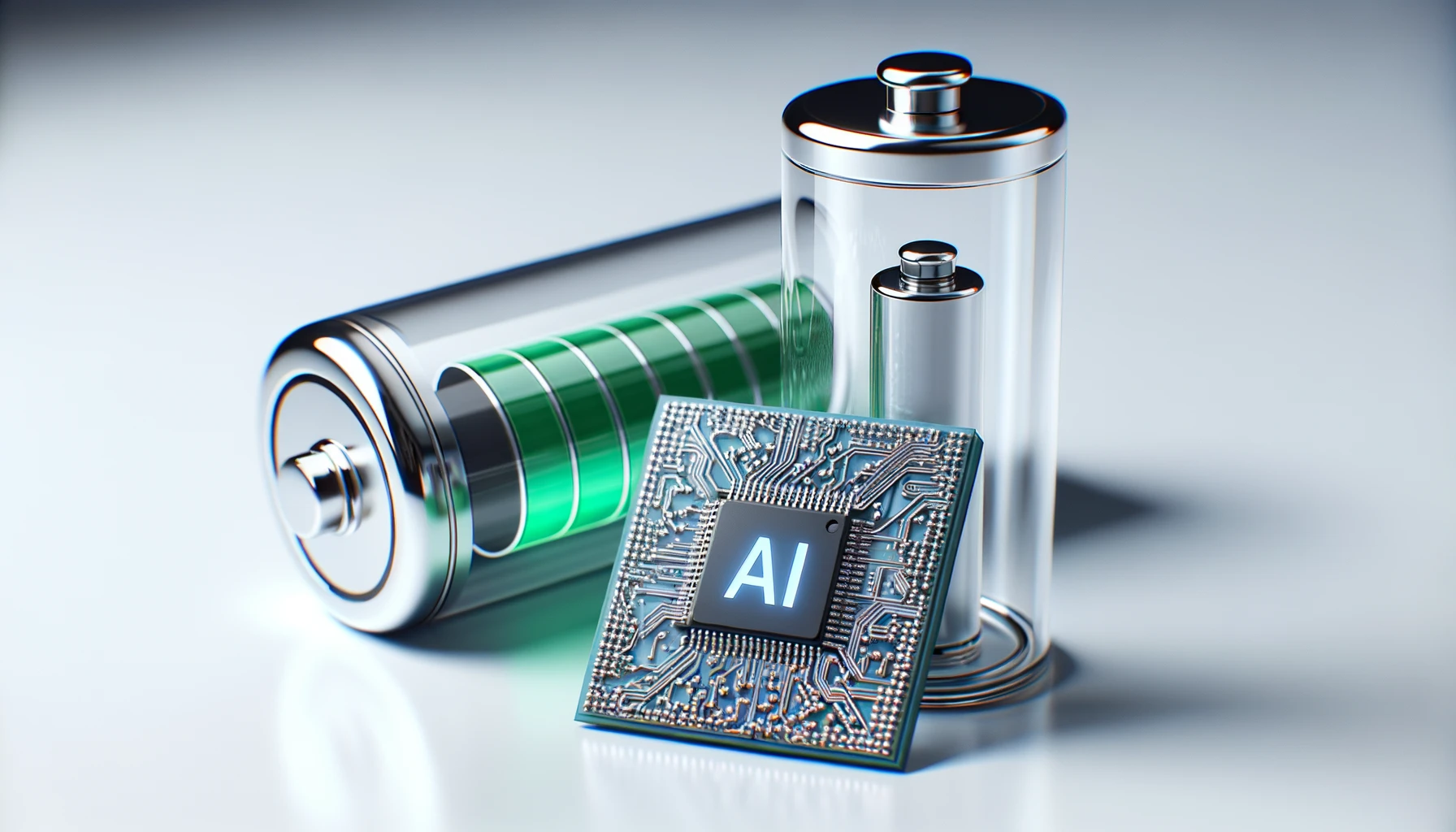 Photo with a sleek and modern design of a transparent computer chip placed on a white table, symbolizing AI.